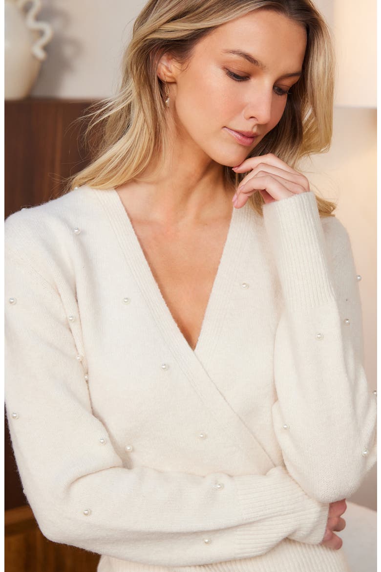 Faux Pearl Embellished Wrap Sweater, Alternate, color, CREAM