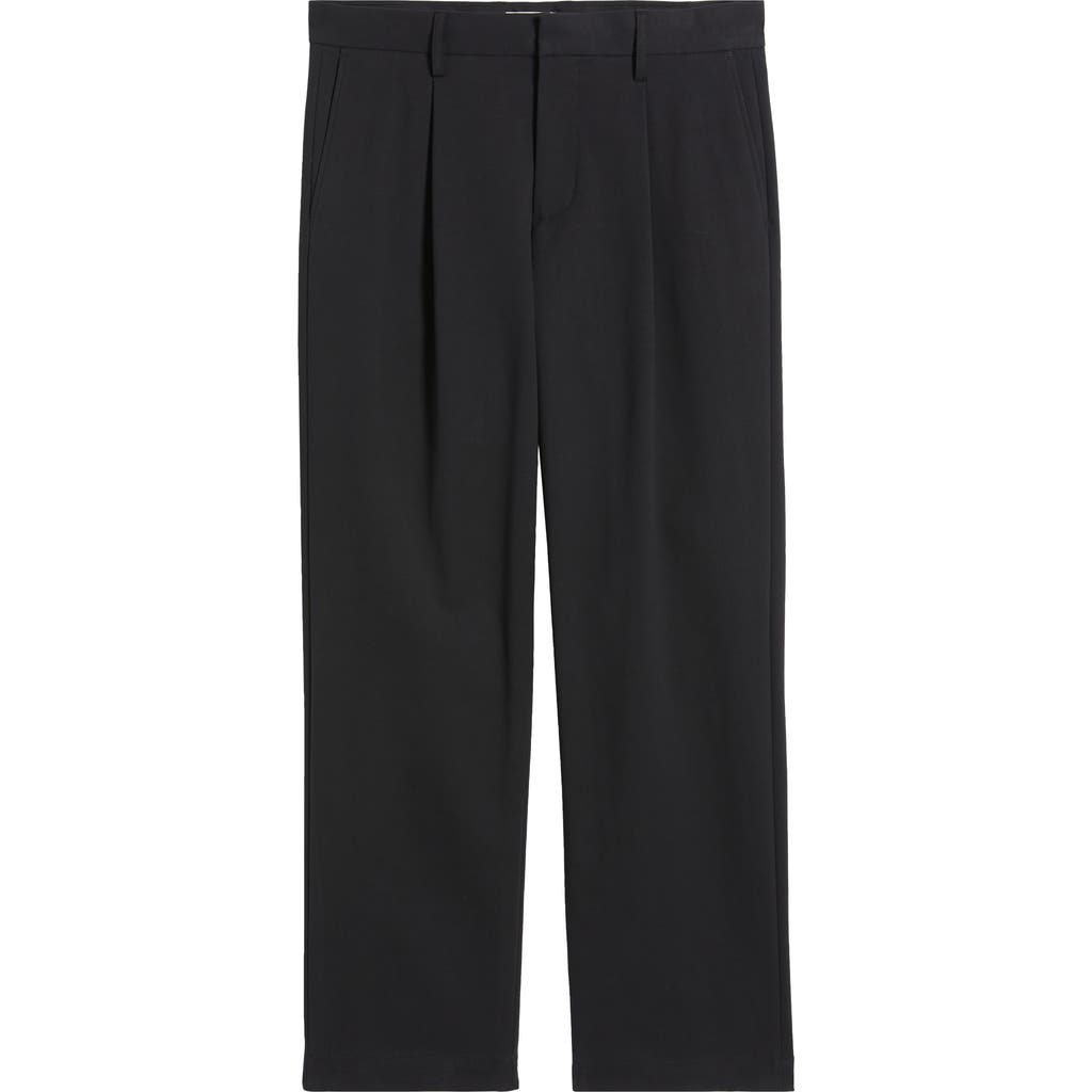 Open Edit Pleated Straight Leg Stretch Cotton Pants In Black Caviar