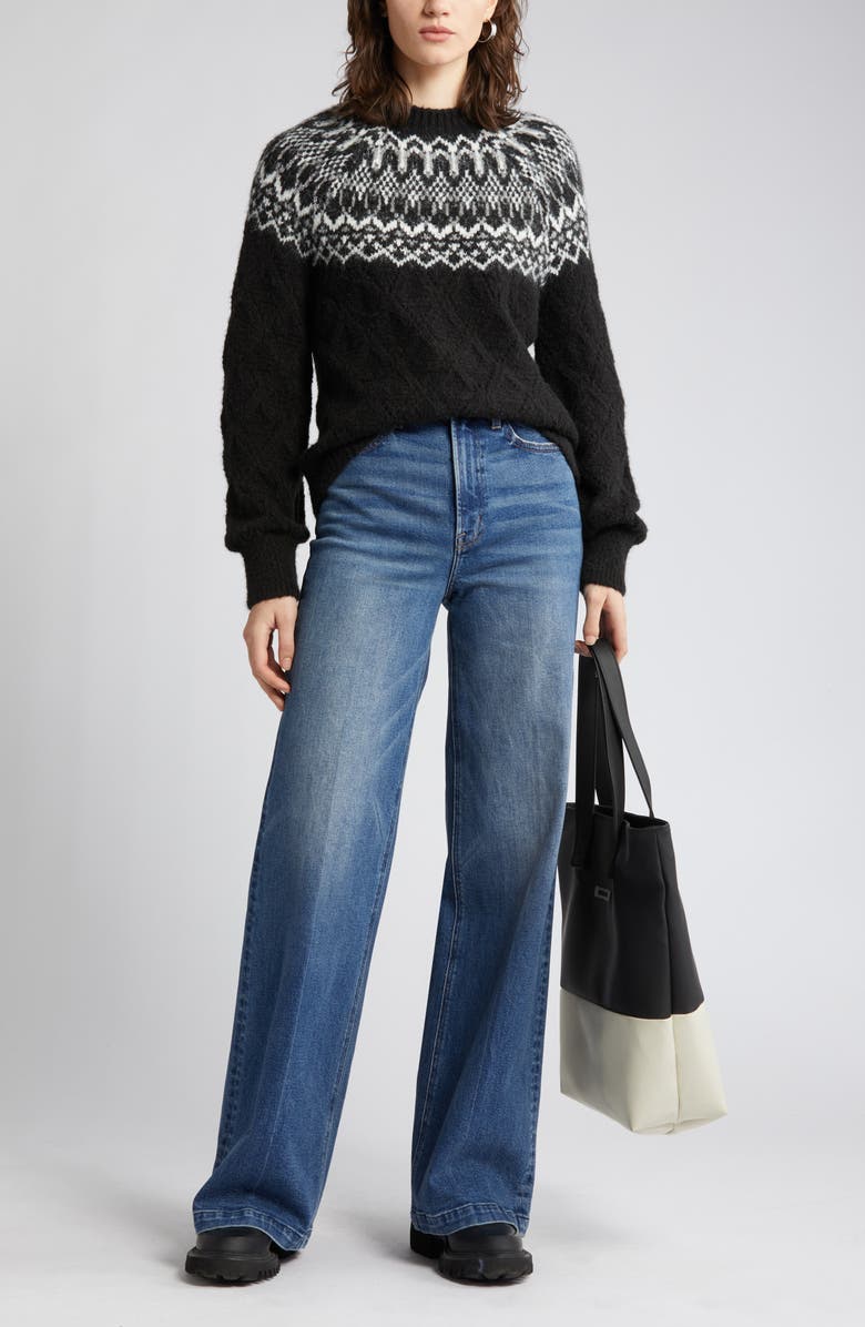Wit & Wisdom Fair Isle Pointelle Sweater, Main, color, Black/ Off White