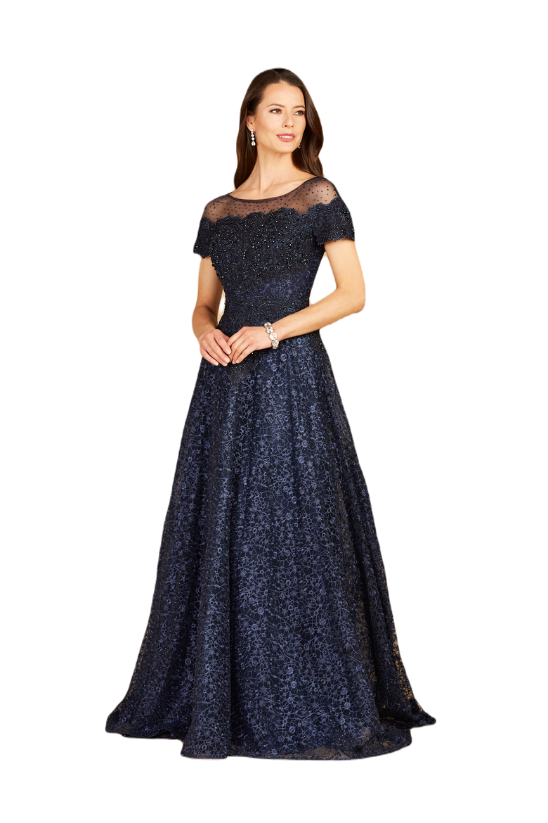 Sheer Off Shoulder Ball Gown, Main, color, Navy