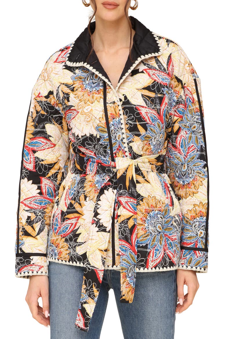 Embroidered Paisley Belted Quilted Jacket, Alternate, color, BLACK BOHO