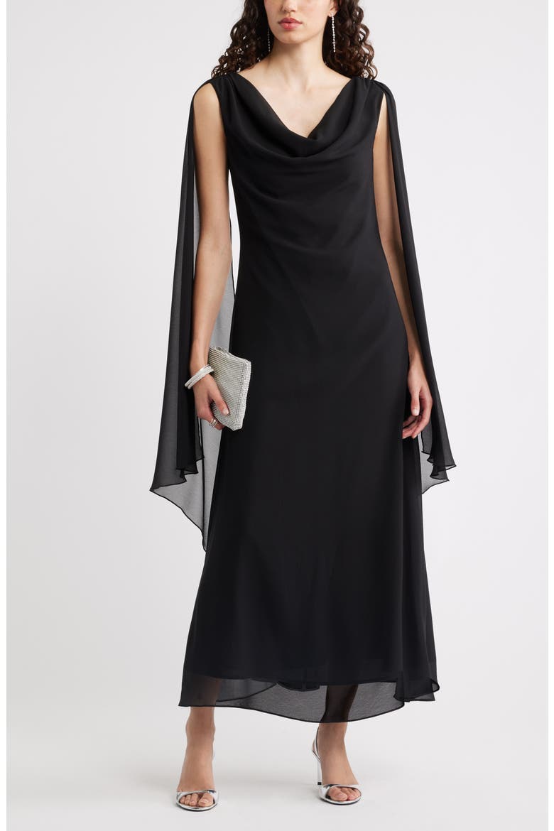 Cowl Neck Maxi Cape Dress, Main, color, BLACK