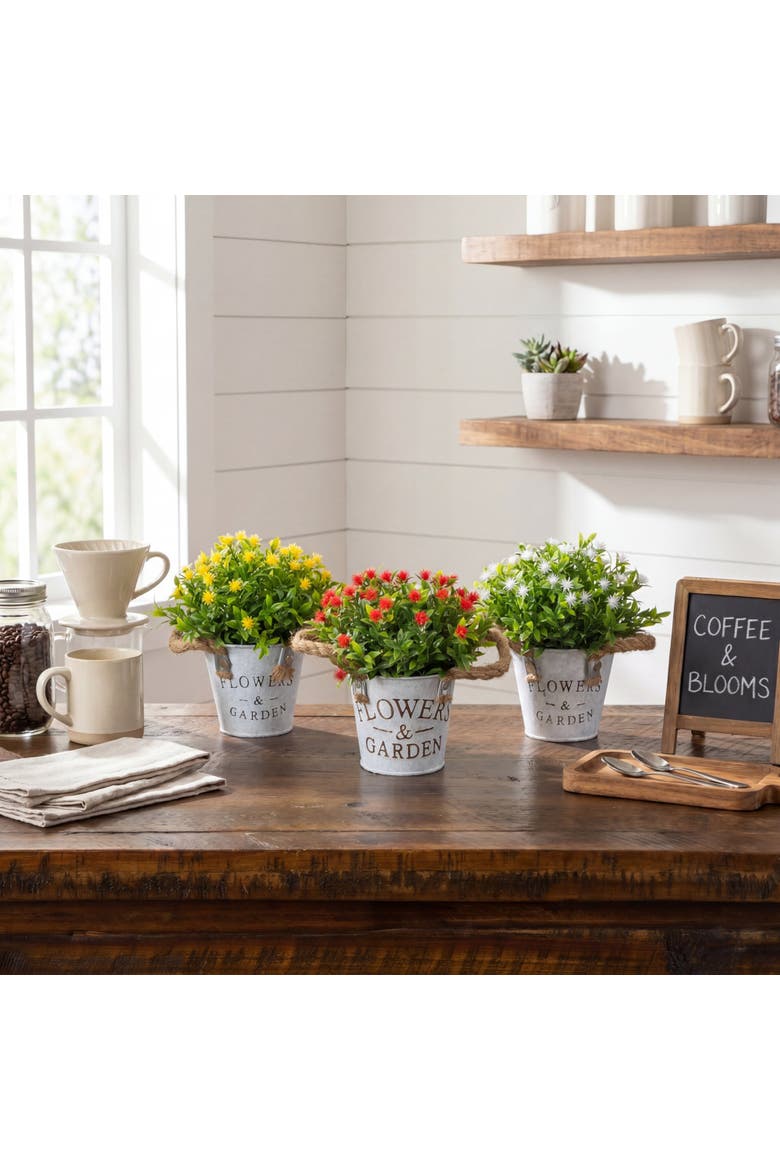 8-in Artificial Flowering Plant in Rustic Flowers & Garden Planter - Set of 3, Alternate, color, Assortment 2