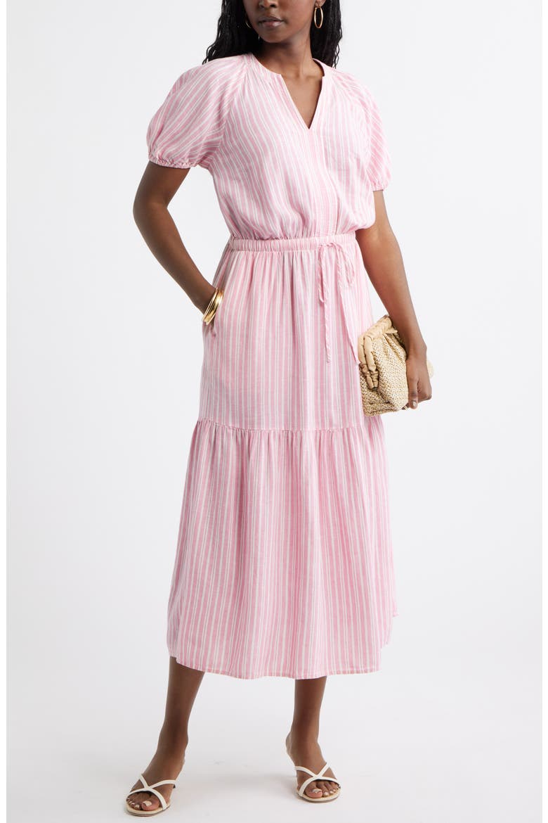 Easy Linen Blend Midi Dress, Alternate, color, PINK- IVORY GINGER STRIPE