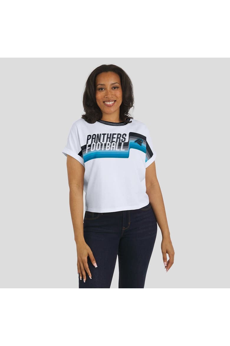 Women's WEAR by Erin Andrews White Carolina Panthers Cropped Center Stripe Dolman T-Shirt, Alternate, color, White