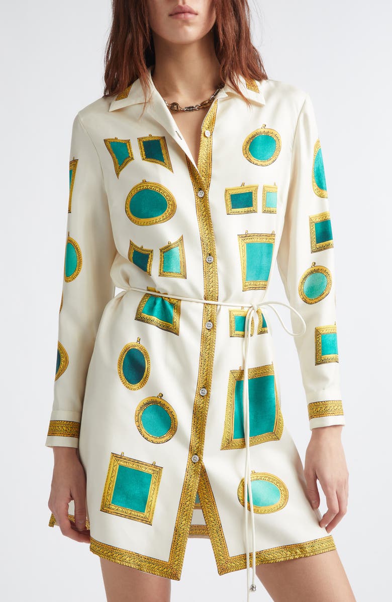 Versace Print Long Sleeve Silk Twill Shirtdress, Alternate, color, Ivory Emerald