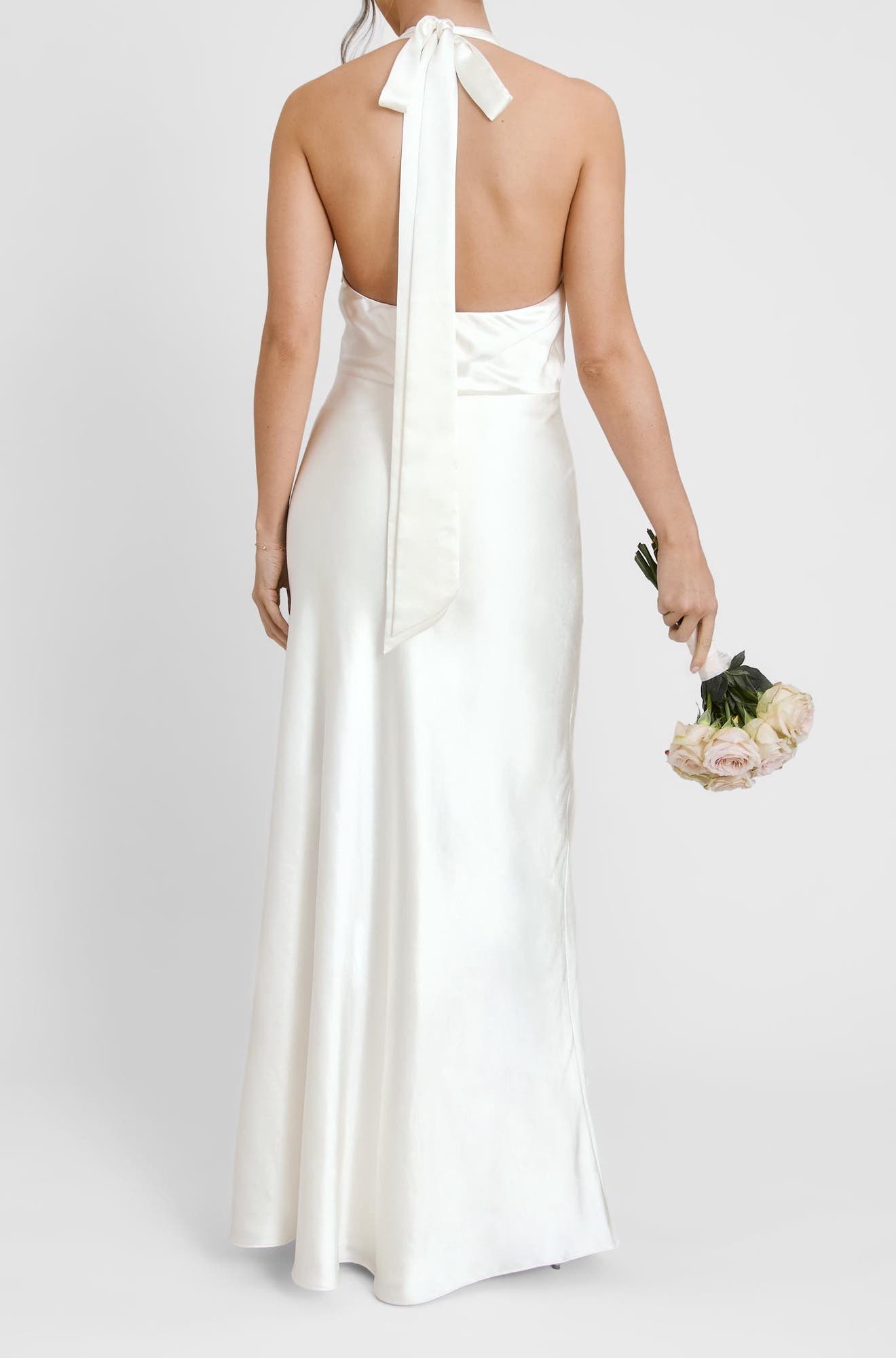 plunge bridesmaid dress Plunge Neck Halter Backless Trumpet Bridesmaid Dress With Front Slit In Sky Blue