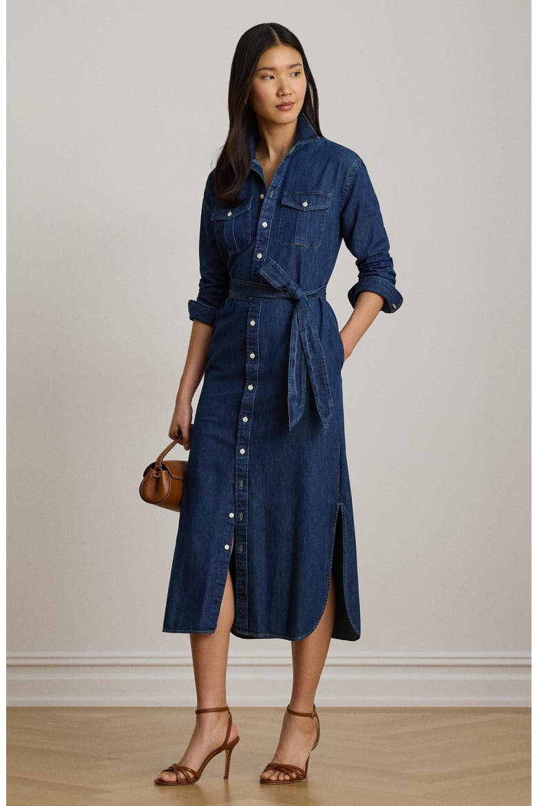 Long Sleeve Belted Cotton Denim Midi Shirtdress, Alternate, color, HARVEST WASH BLUE