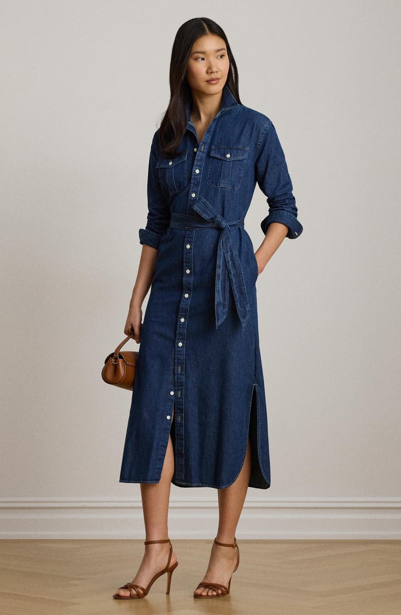 Lauren Ralph Lauren Long Sleeve Belted Cotton Denim Midi Shirtdress, Alternate, color, Harvest Wash Blue