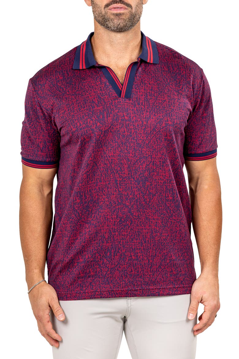 Marthyr Grid Print Johnny Collar Cotton Polo, Main, color, RED