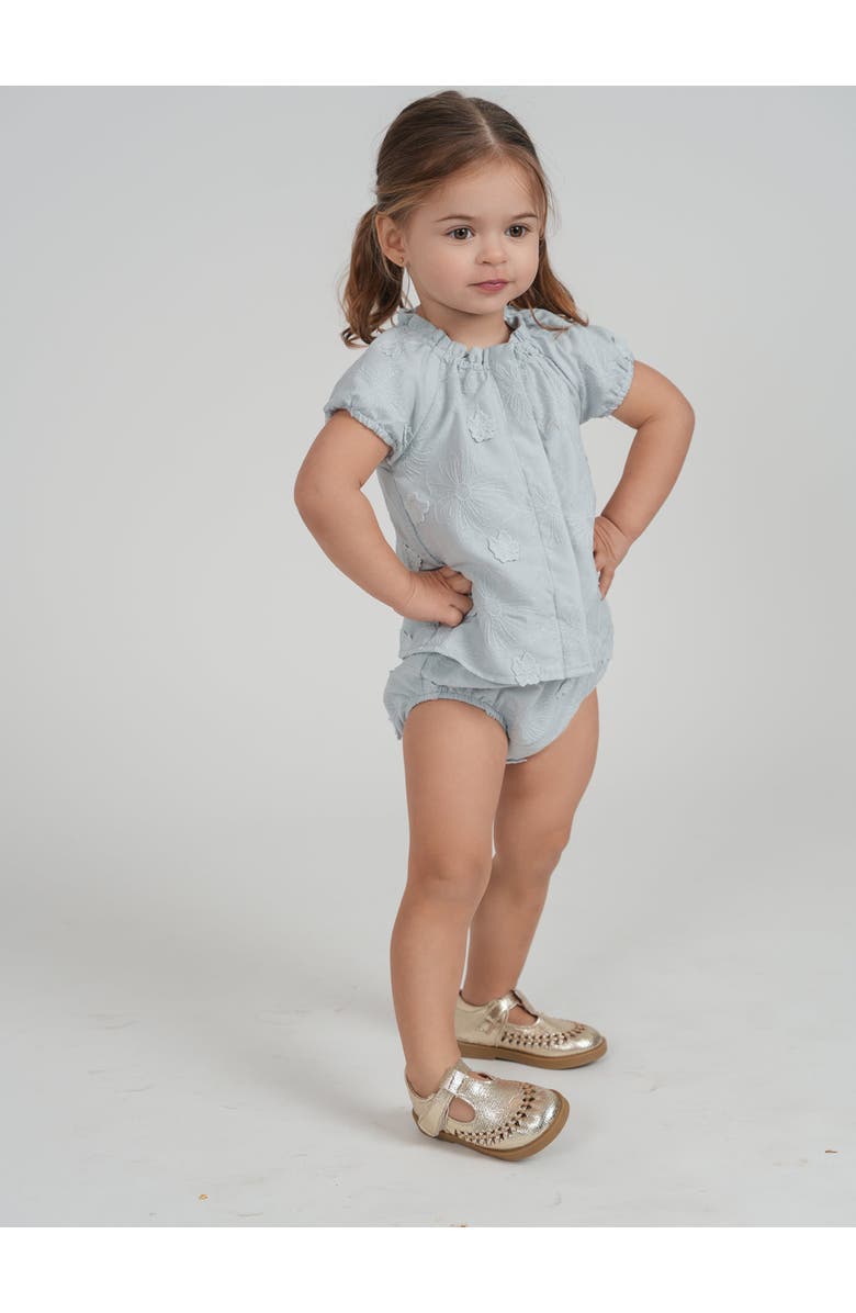 Posie & Pistachio Girl Floral Embroidery Applique Ruffle Neck Blouse and Bloomers Set, Alternate, color, Ivory