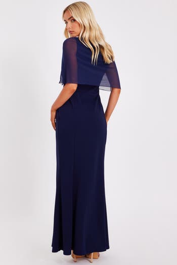 Scuba Crepe Maxi Dress with Mesh Cape