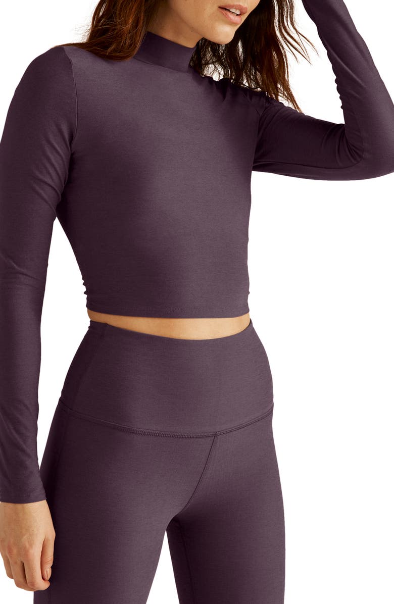 Beyond Yoga Moving On Featherweight Mock Neck Crop Top, Alternate, color, Eggplant Purple Heather
