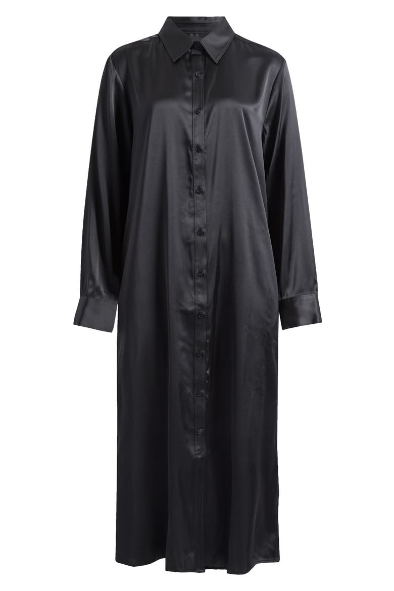 Long Sleeve Satin Midi Shirtdress, Alternate, color, BLACK