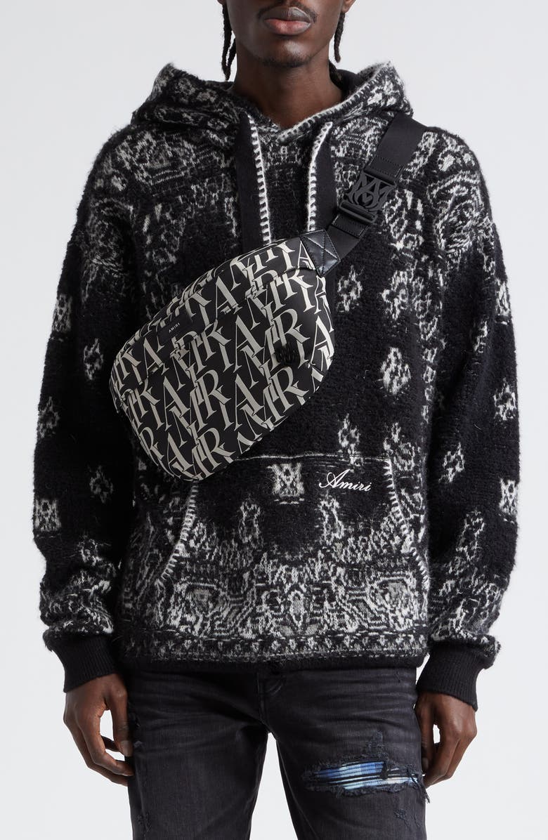 AMIRI Bandana Jacquard Hooded Alpaca, Mohair & Wool Blend Sweater, Main, color, Black