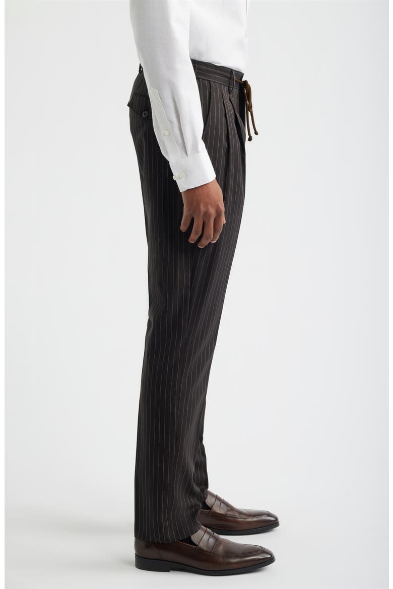 Nova Black Pinstripe Pleated Wool & Cotton Drawstring Dress Pants, Alternate, color, ESPRESSO