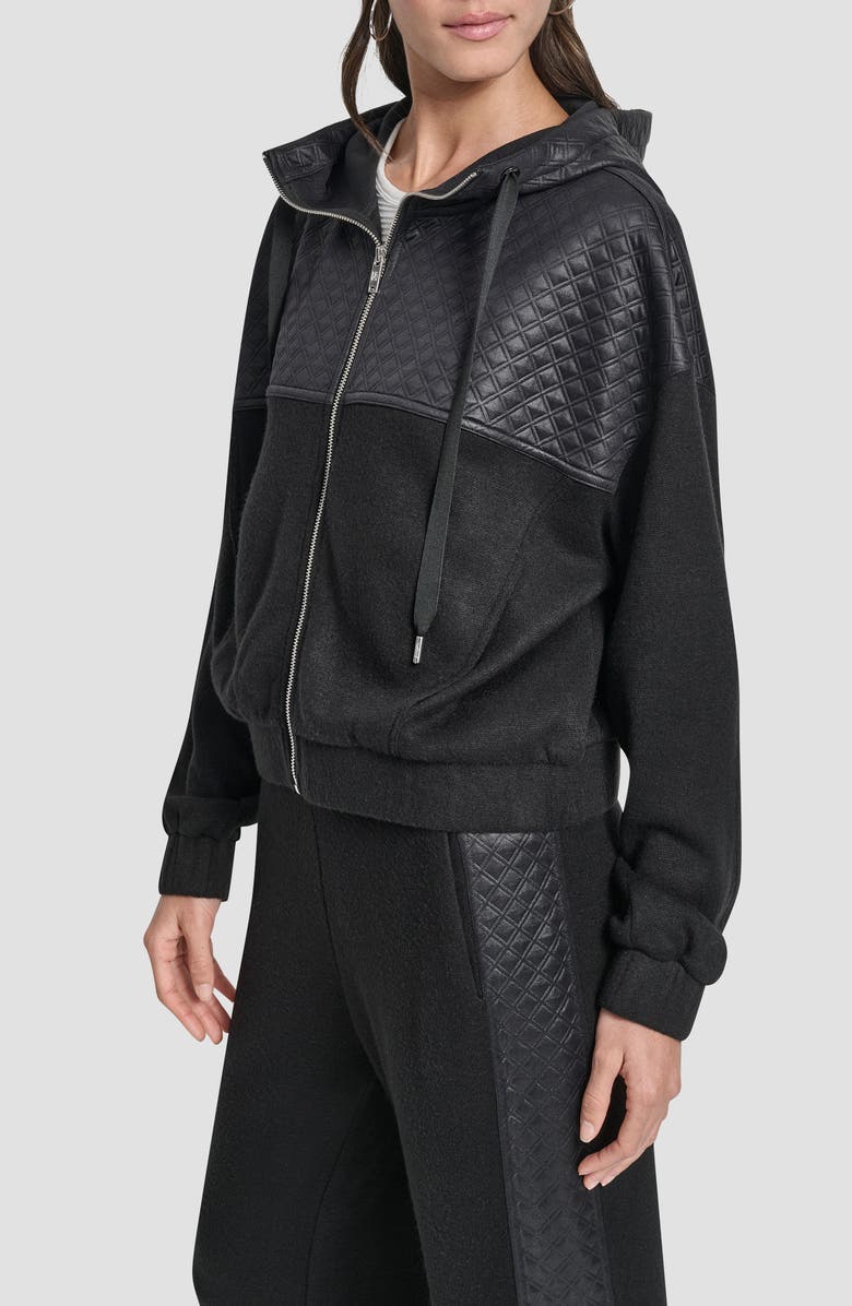 DKNY Mixed Media Zip-Up Hooded Jacket, Alternate, color, Black/ Black