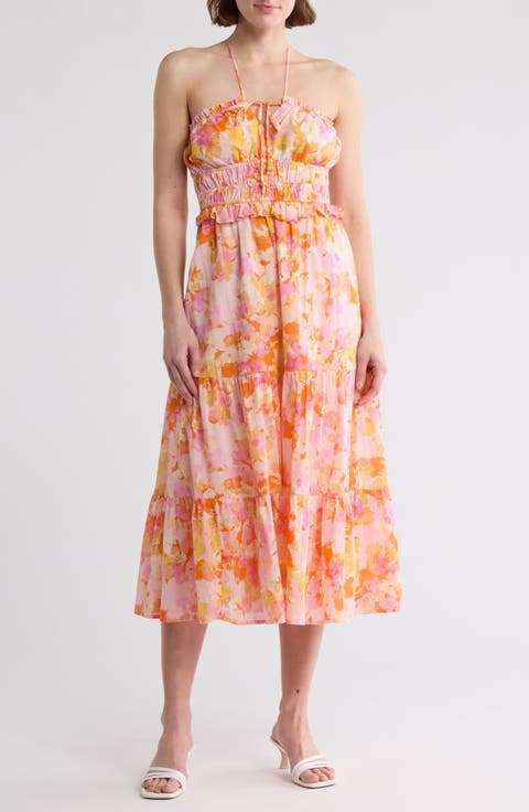 Shirred Halter Midi Dress
