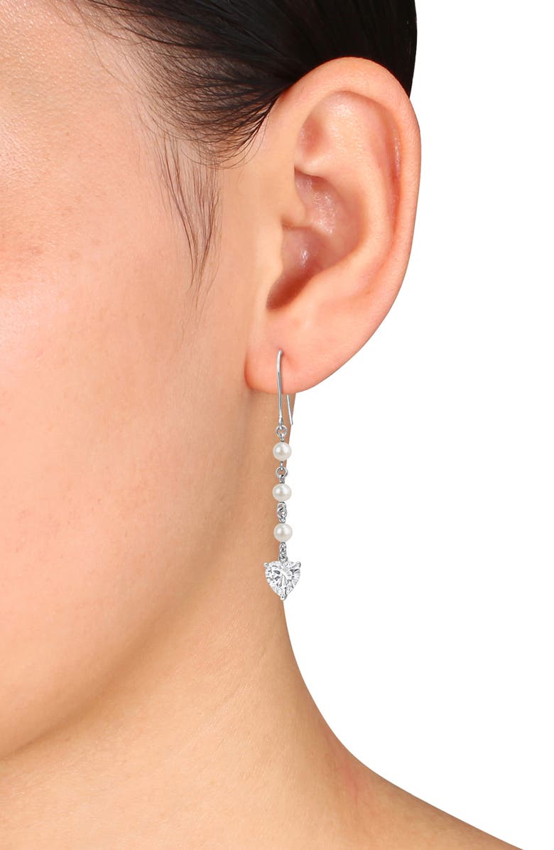 DELMAR Cultured Pearl & Lab Grown White Sapphire Heart Drop Earrings, Alternate, color,