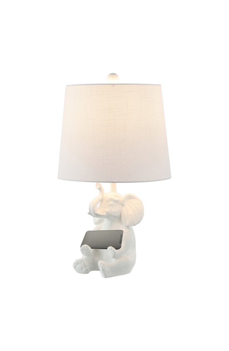 JONATHAN Y Kairi Modern Shabby Chic Resin/Iron Happy Elephant LED Kids' Table Lamp with Phone Stand, Main, color, White