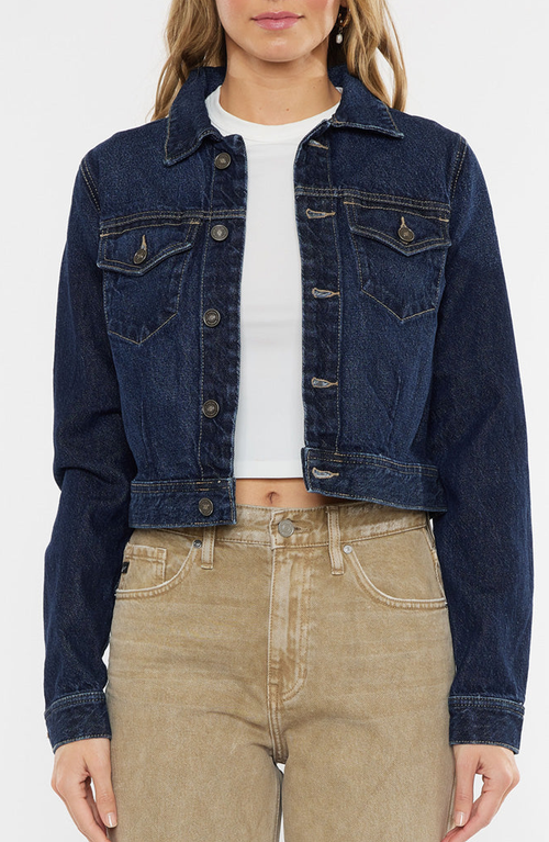 Kancan Cropped Denim Jacket In Dark Wash In Blue