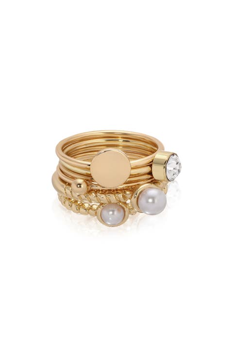 Set of 6 Imitation Pearl & Crystal Stackable Rings
