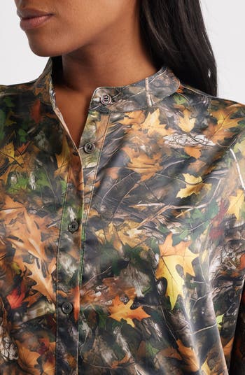 Camo Leaf Print Oversize Satin Button-Up Shirt & Pants Set
