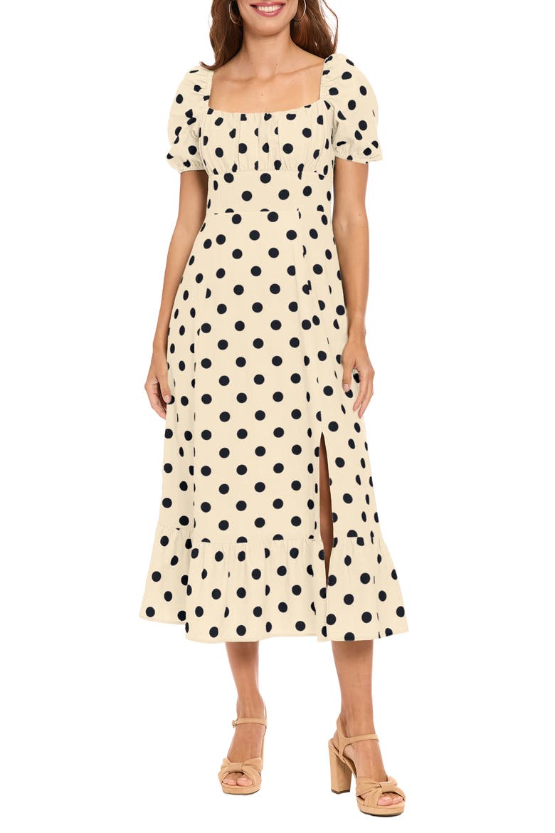 Square Neck Puff Sleeve Empire Waist A-Line Midi Dress, Main, color, CREAM/ BLACK