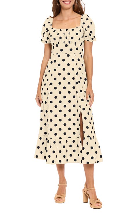 Square Neck Puff Sleeve Empire Waist A-Line Midi Dress (Petite)