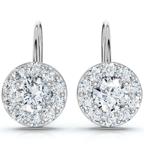 1.90Ct Halo Diamond Studs With Lever Backs Lab Grown Hoops Small 1/2" Tall