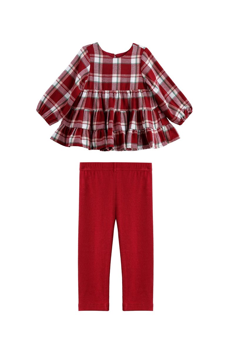 Winterberry Long Sleeve Plaid Tiered Ruffle Top and Legging Set, Main, color, Red