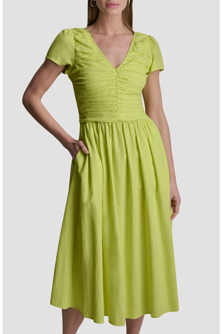 Ruched Bodice Linen Blend Midi Dress, Alternate, color, LIMEADE