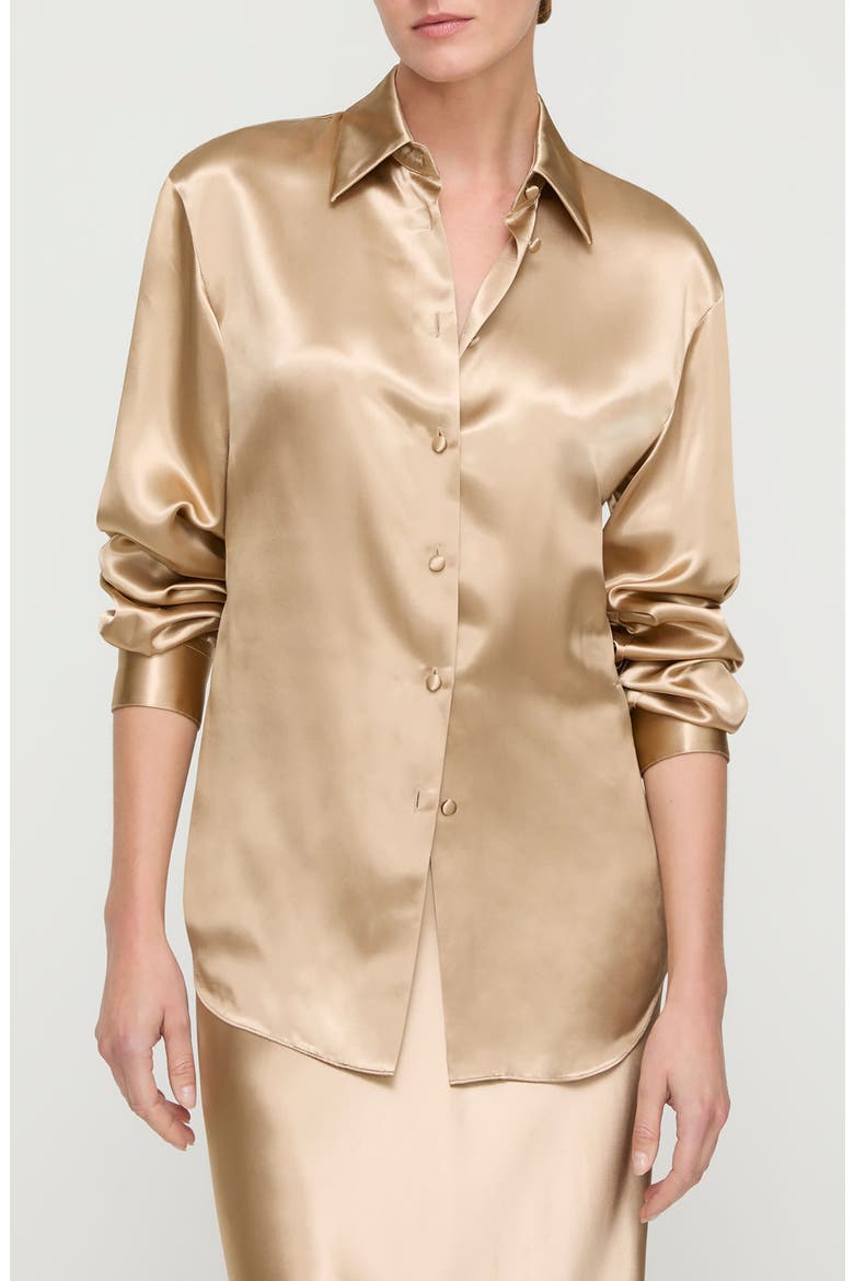 Fitted Silk Stretch Charmeuse Button-Up Shirt, Main, color, NATURAL GOLD