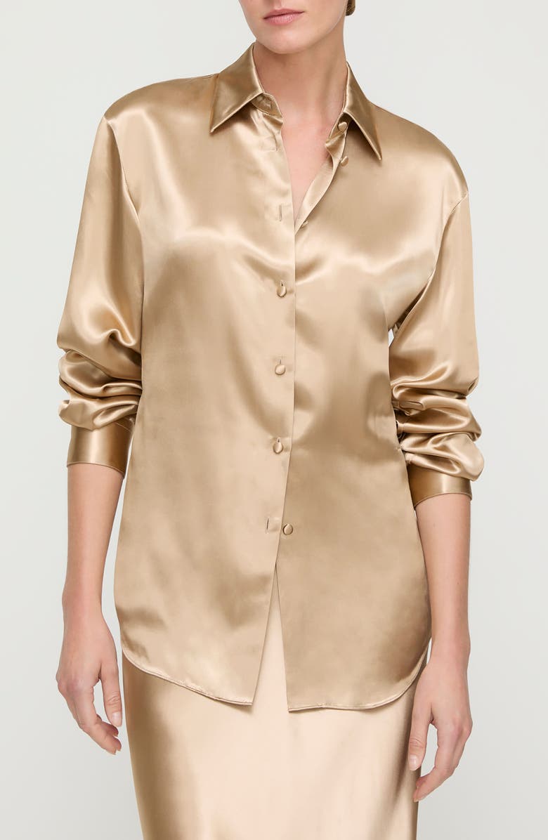 Lafayette 148 New York Fitted Silk Stretch Charmeuse Button-Up Shirt, Main, color, Natural Gold