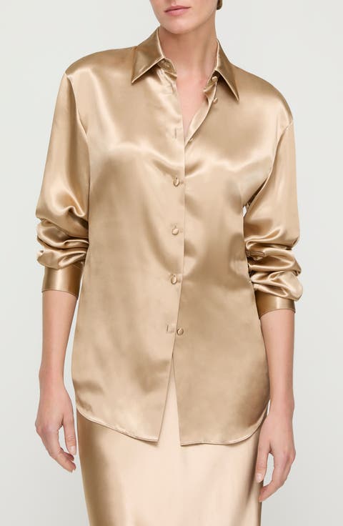 Fitted Silk Stretch Charmeuse Button-Up Shirt