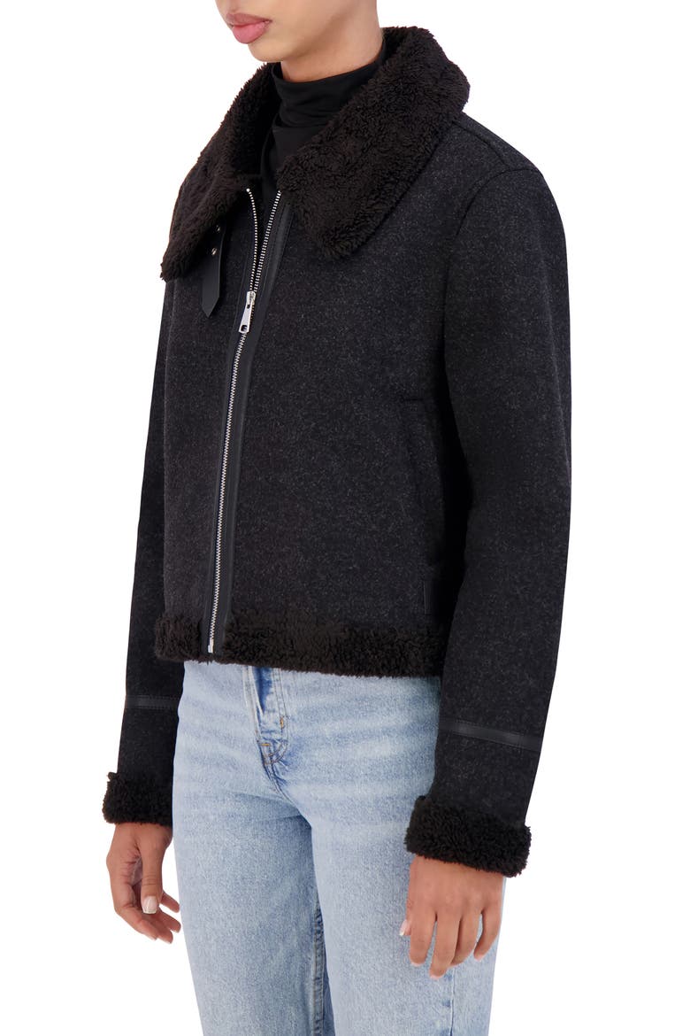 Faux Shearling Trim Faux Wool Moto Jacket, Alternate, color, BLACK
