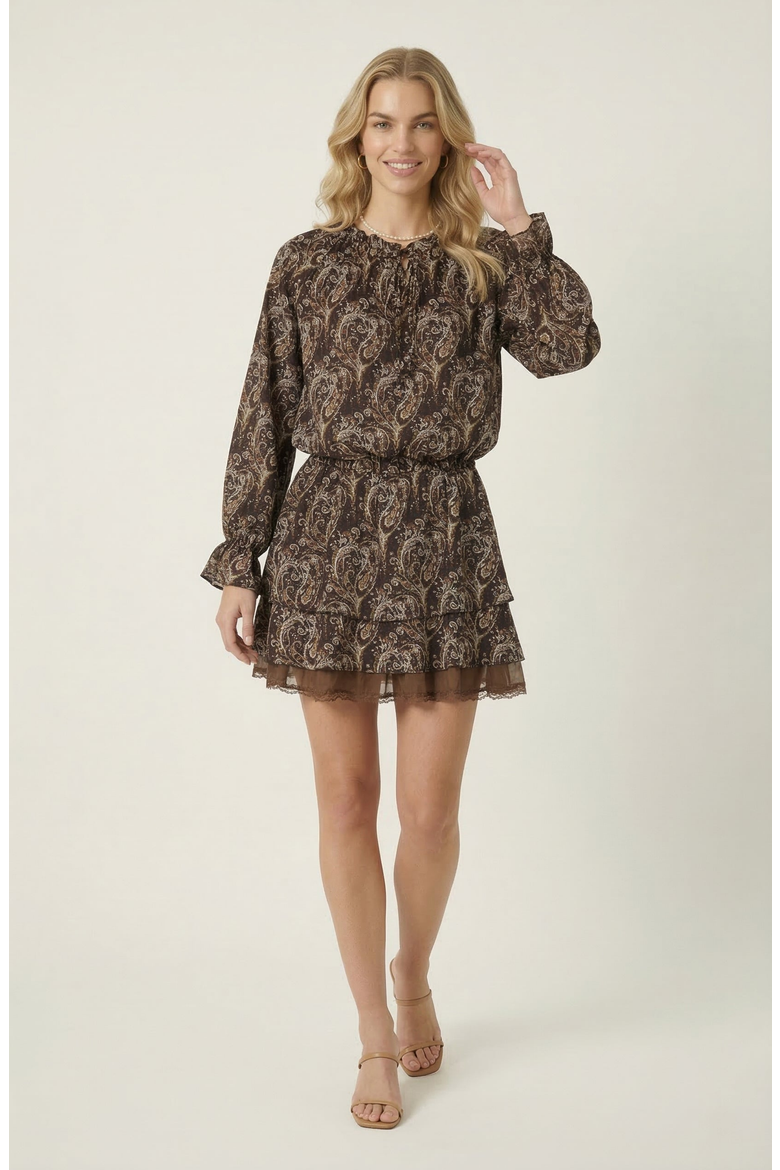 Paisley Print Mini Dress with Tiered Skirt and Long Sleeves, Main, color, Dark Brown Paisley