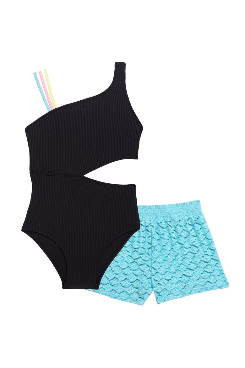 Girls Strappy Cutout Ribbed One Piece Swimsuit with Crochet Short Coverup 2-Piece Set, Main, color, Ebony Rib