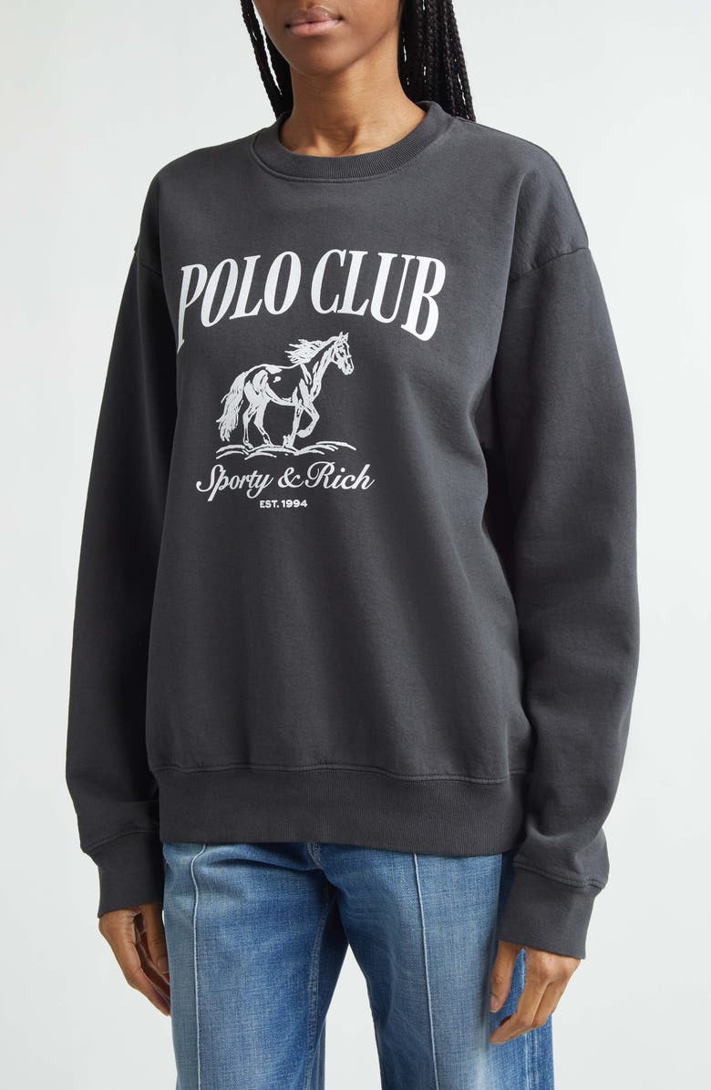 Sporty & Rich Stallion Crewneck Cotton Graphic Sweatshirt, Alternate, color, Faded Black