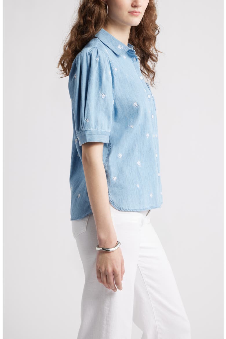 Embroidered Short Sleeve Chambray Button-Up Shirt, Alternate, color, LIGHT WASH