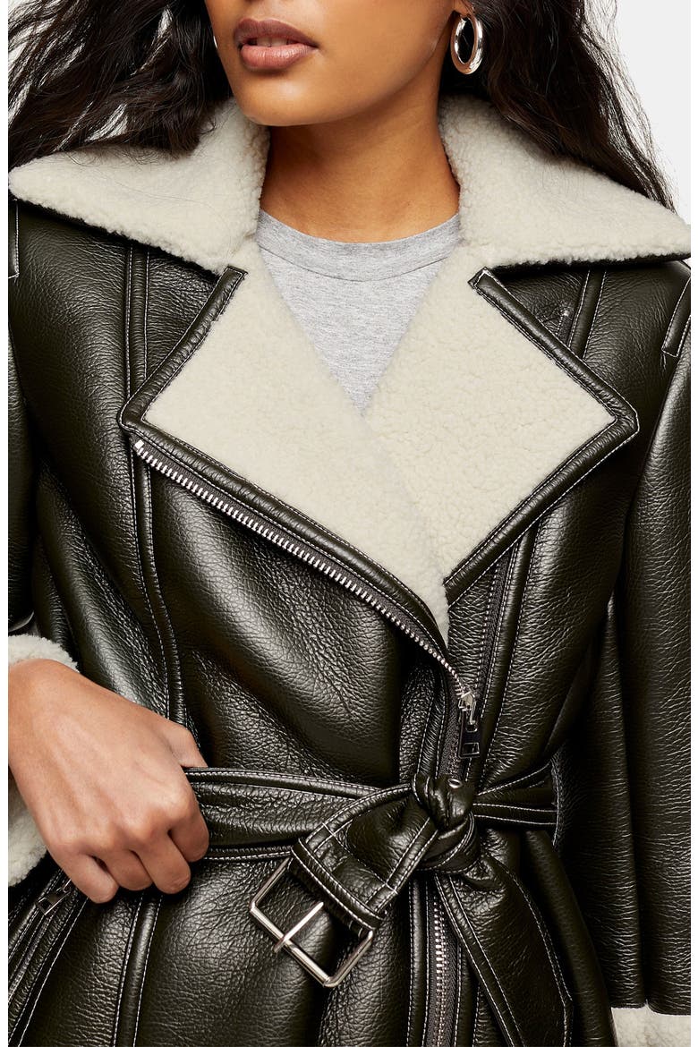 Faux Leather & Faux Shearling Moto Jacket, Alternate, color, DARK GREEN