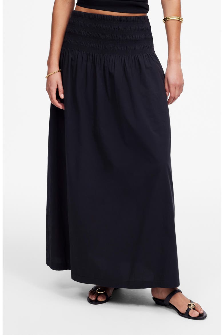 Smocked Waist Cotton Poplin Midi Skirt, Main, color, JET BLACK