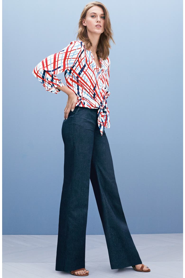 High Waist Denim Flare Leg Trousers, Alternate, color, DARK INDIGO