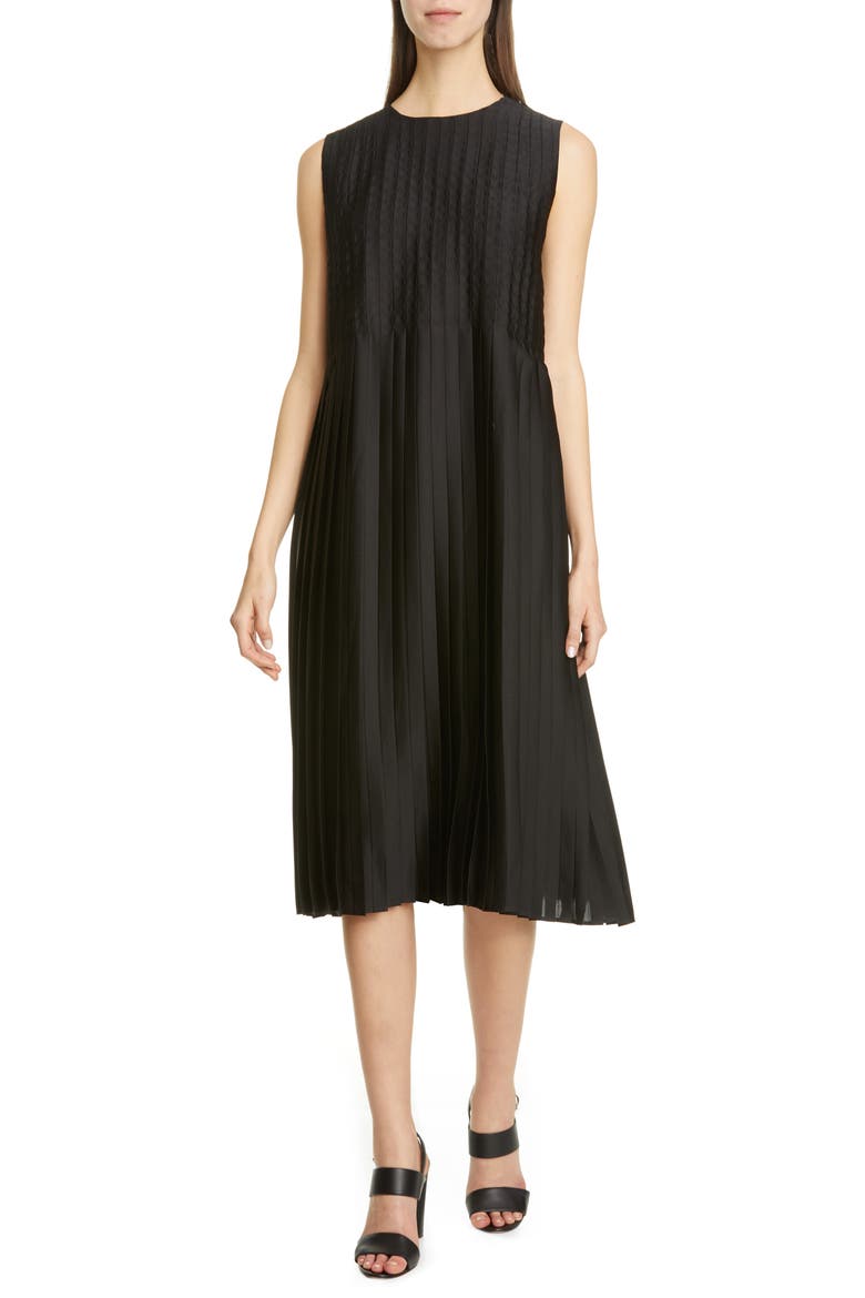 Kendrick Pleated Midi Shift Dress, Main, color, BLACK