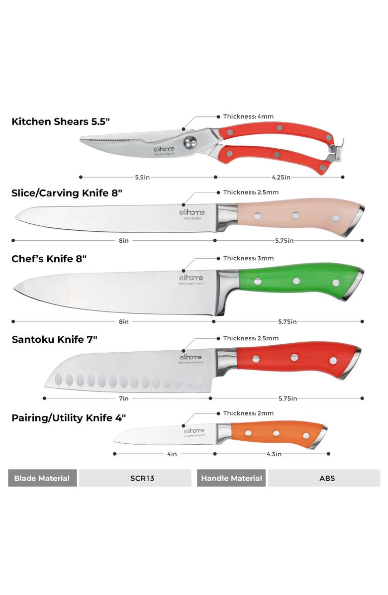 Elihome 5 Piece Professional Kitchen Knife Set, Alternate, color, Multi Color