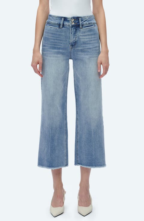 Frayed Welt Pocket High Waist Crop Wide Leg Jeans