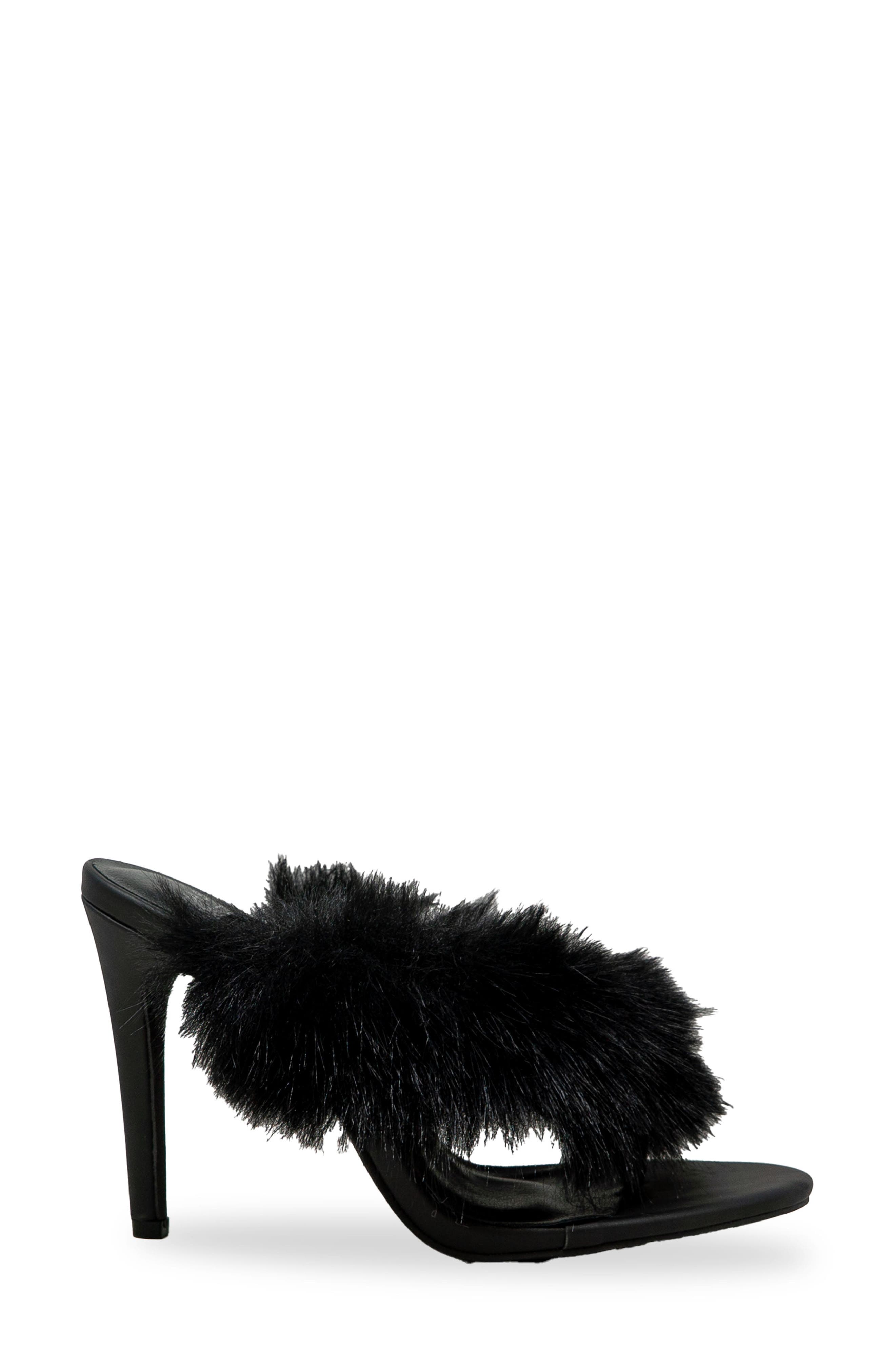 CHASE AND CHLOE Post Toe Faux Fur Stiletto Sandal, Alternate, color, Black