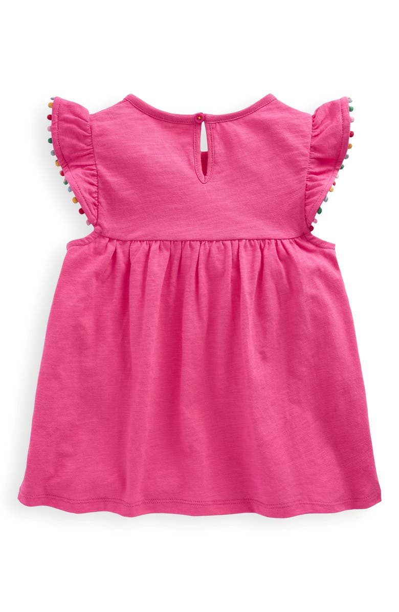 Mini Boden Kids' Pompom Accent Flutter Sleeve Cotton Top, Alternate, color, Flamingo Pink