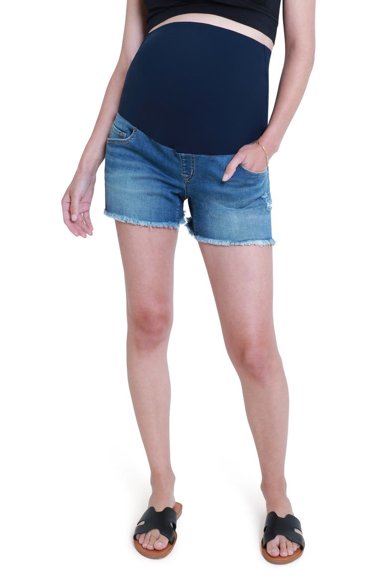 Ingrid & Isabel® Over the Bump Cutoff Denim Maternity Shorts, Main, color, MEDIUM WASH