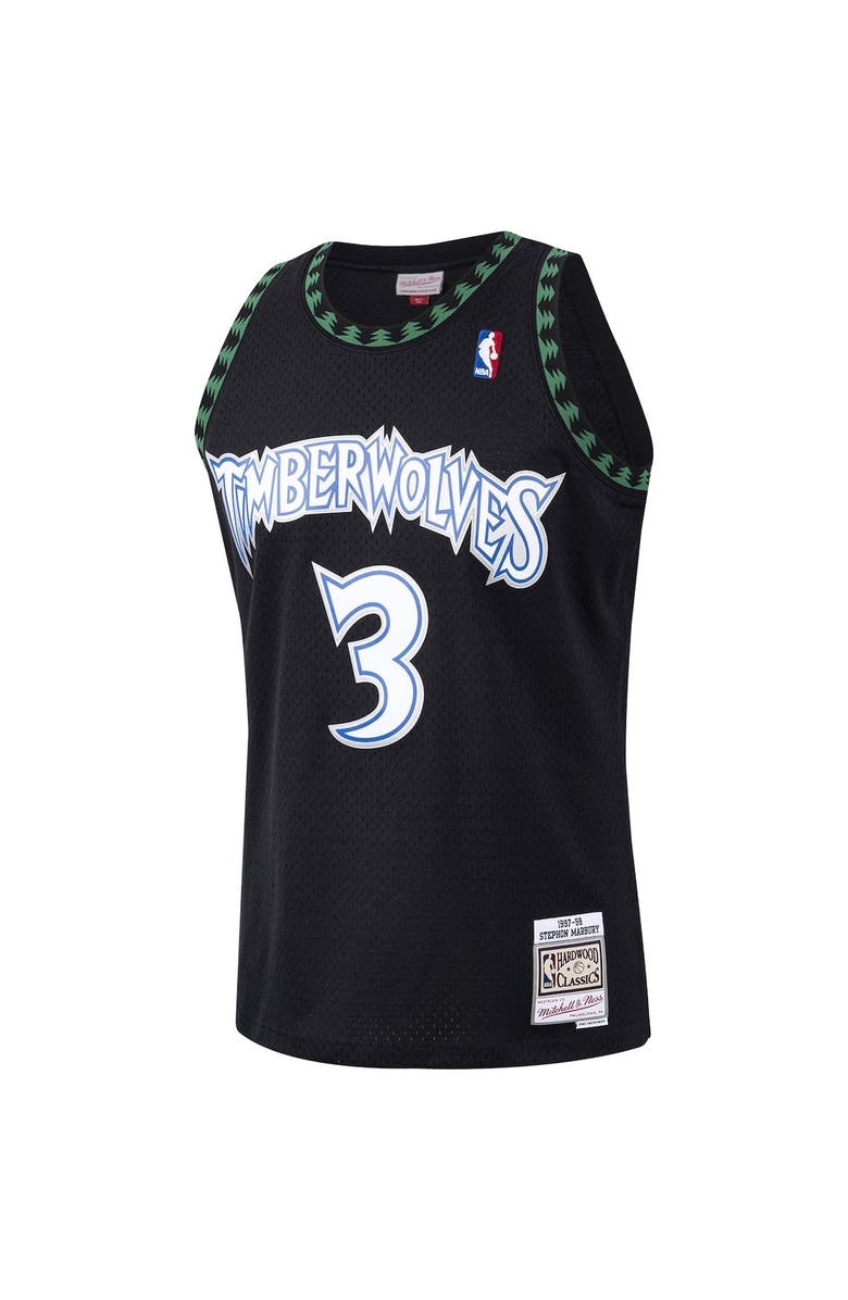 Mitchell & Ness Men's Mitchell & Ness Stephon Marbury Black Minnesota Timberwolves 1997/98 Hardwood Classics Swingman Jersey, Alternate, color,